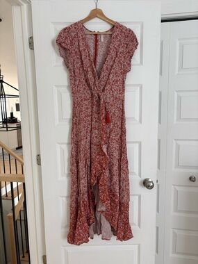 Xhilaration Dusty Red Floral Wrap Maxi Dress with Tassel Tie